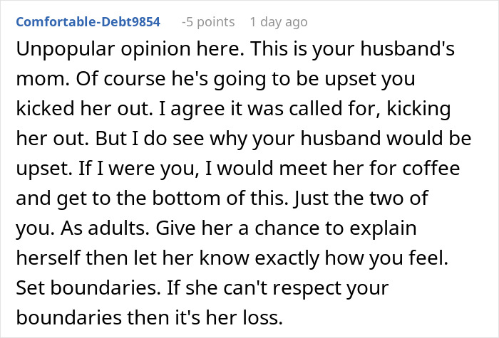 Online comment discussing MIL renaming grandson and being kicked out; advice on setting boundaries.