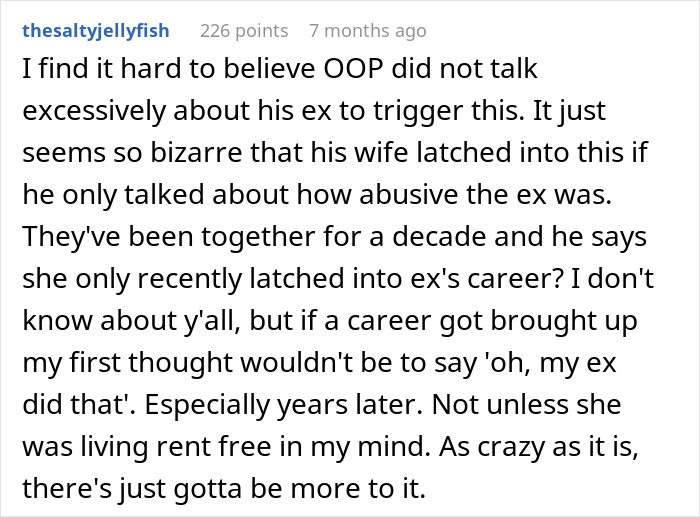 Reddit comment discussing a husband's shock about his wife obsessively emulating his ex over several years.