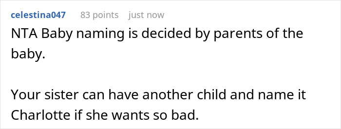 Reddit comment discussing baby naming, emphasizing parents' choice, with a suggestion about naming another child Charlotte.