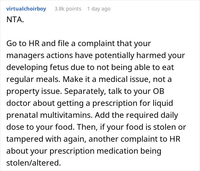 Reddit comment discussing actions for dealing with a food thief at work, advising contacting HR.