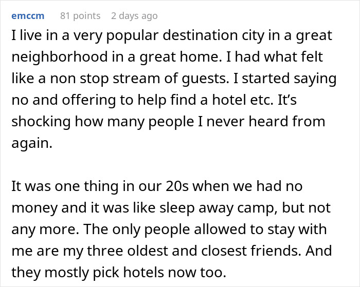 Text screenshot discussing houseguests treating home like a hotel with no appreciation.