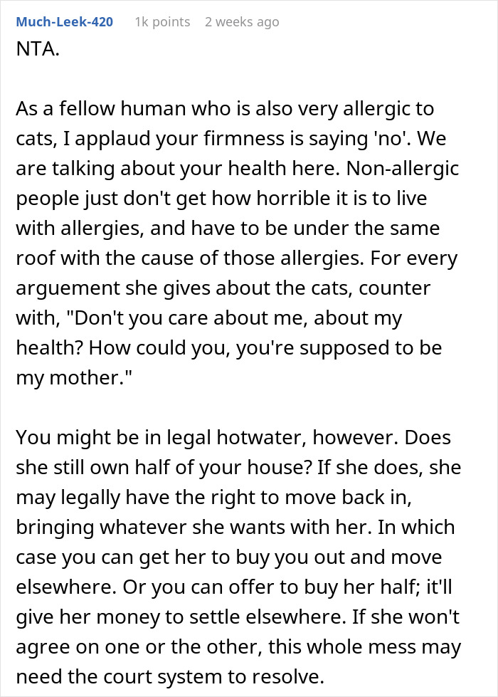 Text discussing son's cat allergies and mother's insistence on bringing cats, highlighting health and legal issues.