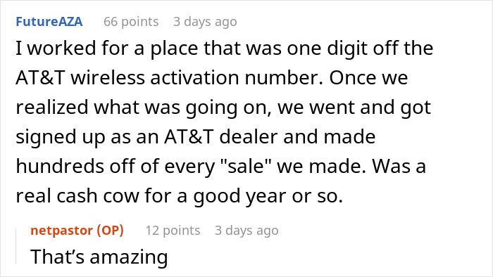 Reddit comment discussing using a phone number closely related to AT&T's for profit.