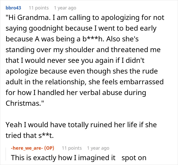 Reddit comment discussing family conflict involving a dad, wife, and daughter about wedding and apology issues.