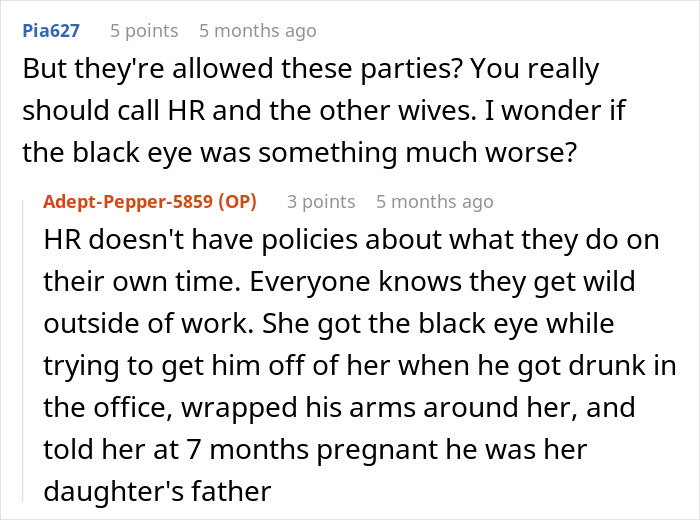 Reddit conversation about husband's coworkers' inappropriate "game" and its consequences.
