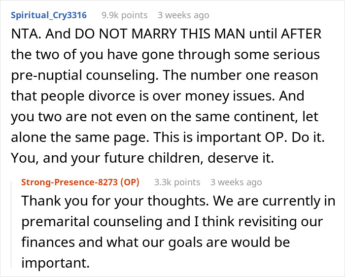 Reddit post about premarital counseling advice and financial issues before a six-figure wedding. Reddit post about premarital counseling advice and financial issues before a six-figure wedding.