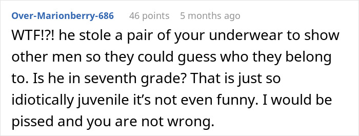 Reddit comment criticizing a husband's juvenile behavior involving coworkers' inappropriate game.