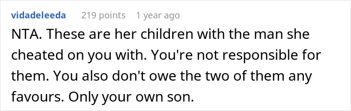 Comment discussing responsibility towards ex's kids after infidelity, emphasizing focus on one's own child.