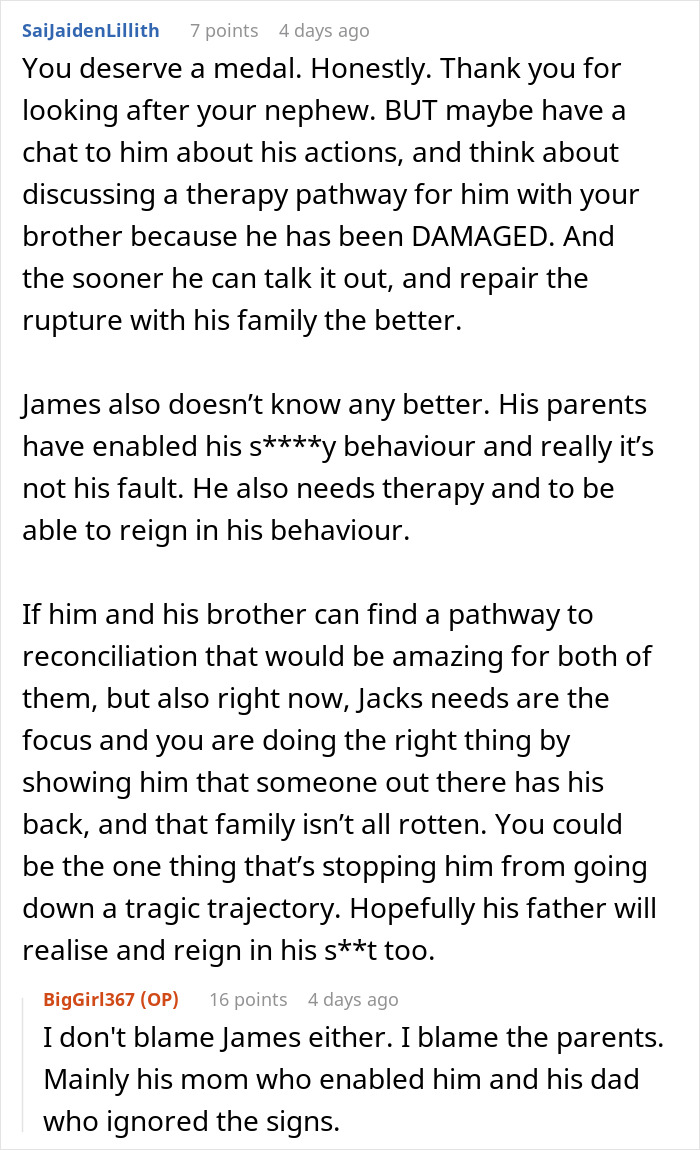 Text conversation about uncle taking in nephew after sibling issues and family boundaries.