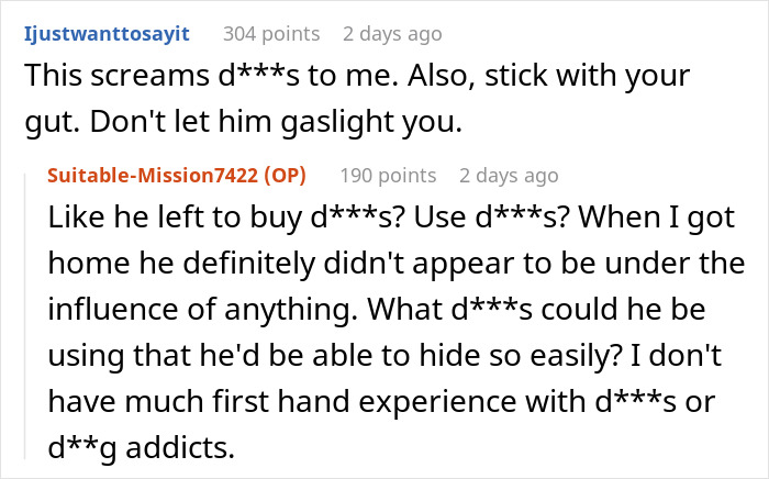 Reddit discussion about husband denying leaving children alone; includes mentions of possible substance issues.