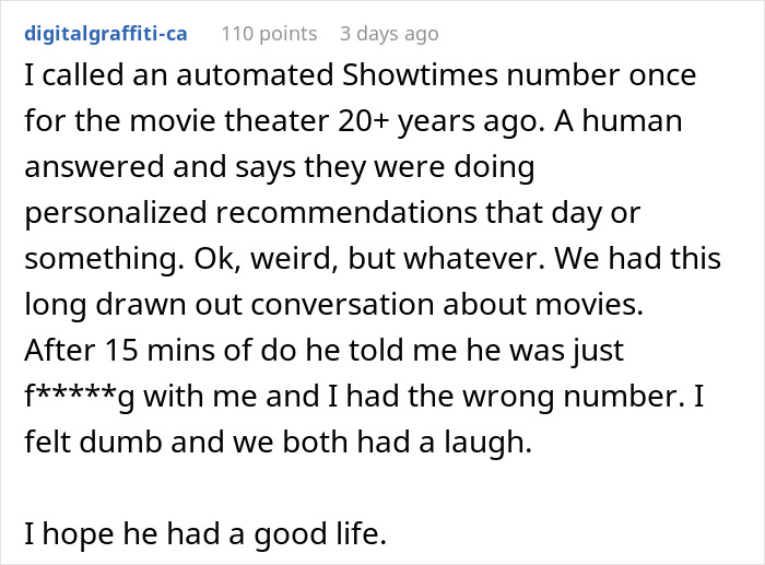A humorous story about using the wrong phone number for movie showtimes, leading to a light-hearted conversation.