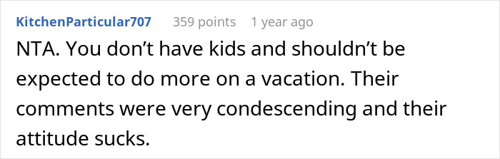 Comment discussing unfair treatment of a woman on vacation with friends&rsquo; kids.