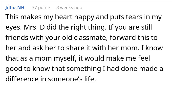 Screenshot of a comment praising a mother for doing the right thing and making a difference in someone's life.