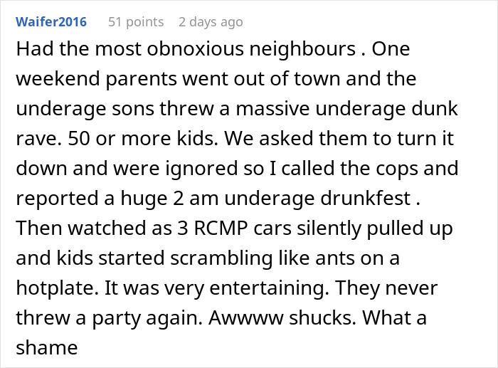 Text describing hotel room neighbors' disruptive party and police intervention at night.