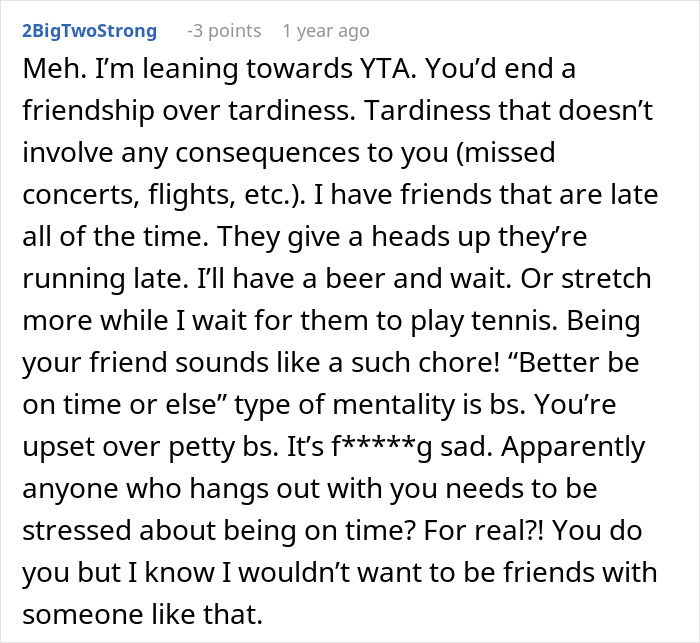 Text comment discussing friendship issues and tardiness. Text comment discussing friendship issues and tardiness.