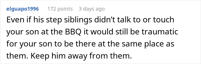 Text comment on family BBQ situation with stepsiblings, discussing fairness and strictness regarding attendance.