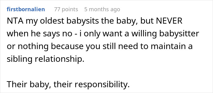 Reddit comment about babysitting and family responsibility.