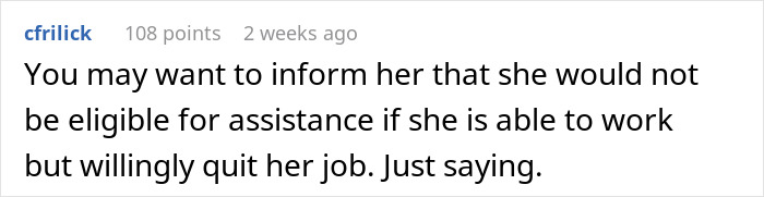 Reddit comment discussing eligibility for assistance related to work status.