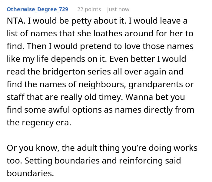 Text conversation discussing Bridgerton-inspired baby names and setting boundaries.