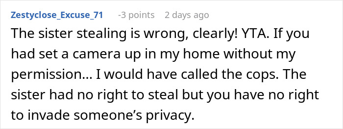 Comment discussing woman's camera setup to catch boyfriend's sister stealing.