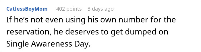 Comment about using phone numbers for reservations on Valentine's Day.
