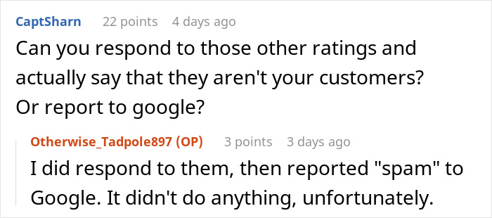 Comment exchange discussing negative reviews and reporting them to Google. Comment exchange discussing negative reviews and reporting them to Google.