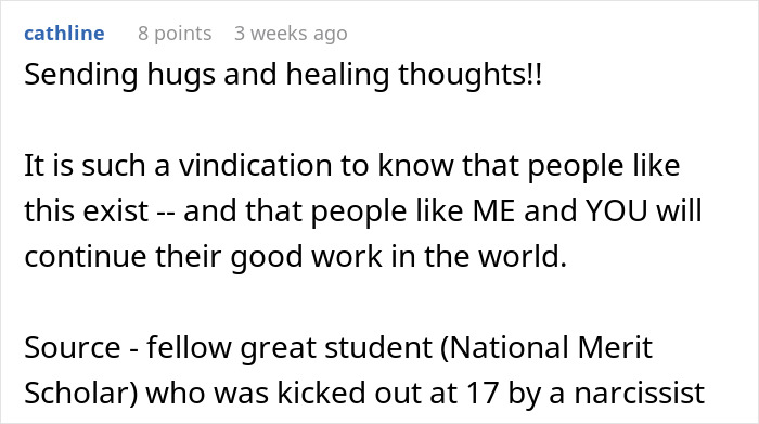 A comment offering support, mentioning a teen dealing with a narcissistic situation and a stranger's involvement.