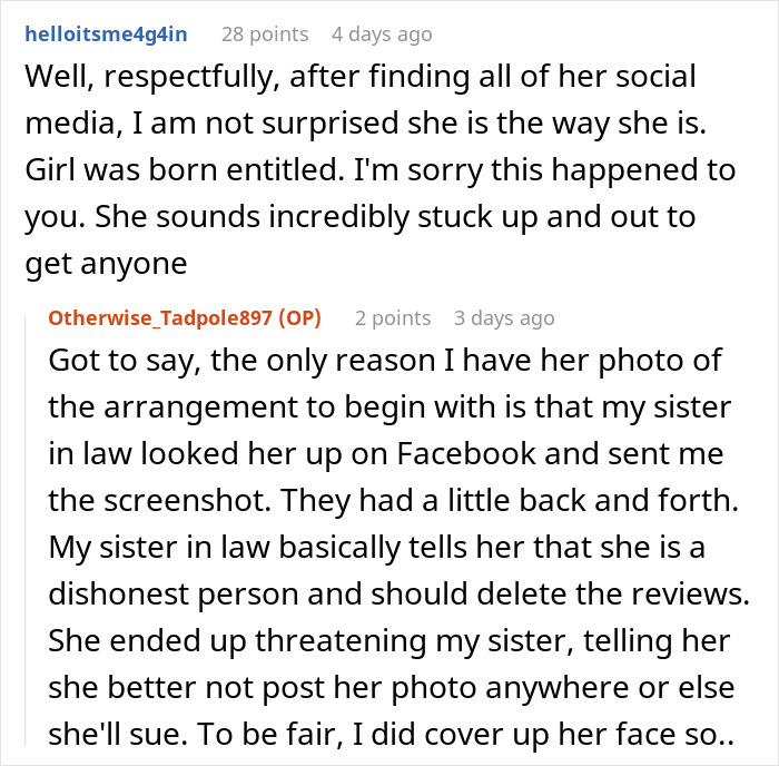 Reddit comments discussing an entitled woman leaving bad reviews for not receiving a free $300 order. Reddit comments discussing an entitled woman leaving bad reviews for not receiving a free $300 order.
