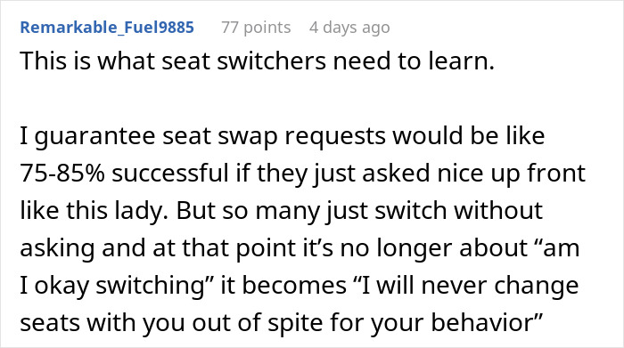 Comment discussing successful seat swap requests, referencing an elderly woman's approach and proper seat-switching etiquette. Comment discussing successful seat swap requests, referencing an elderly woman's approach and proper seat-switching etiquette.
