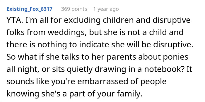 Comment on child-free wedding rule excluding autistic cousin. Comment on child-free wedding rule excluding autistic cousin.