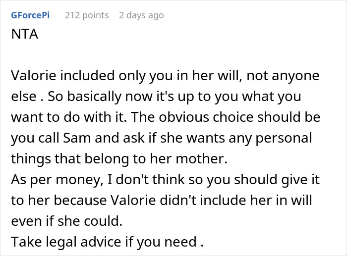 Comment discussing inheritance decision and legal advice with focus on friend&rsquo;s will and daughter.