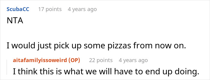 Reddit comments about inlaws upset over sauce for children's meals, suggesting ordering pizzas instead.