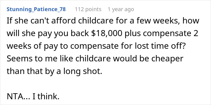 Comment discussing the cost of childcare versus repaying an $18K trip, questioning financial decisions.