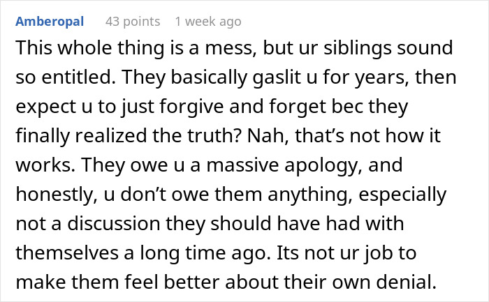 Text about siblings realizing a family truth and discussing apologies and denial. Text about siblings realizing a family truth and discussing apologies and denial.