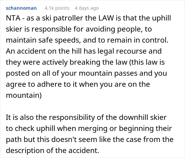 Text about ski patrol responsibilities and legal rules after an accident involving a skier on a beginner trail.