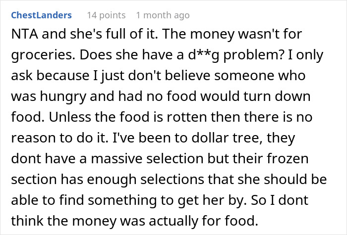 Comment discussing Dollar Tree groceries and financial motives.