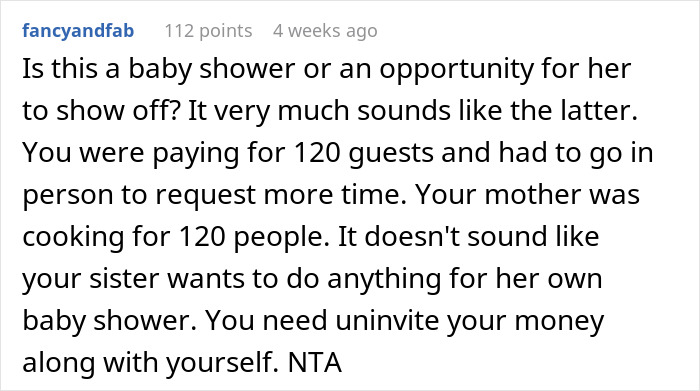 Reddit comment criticizing an entitled sister’s behavior at her baby shower event. Reddit comment criticizing an entitled sister’s behavior at her baby shower event.