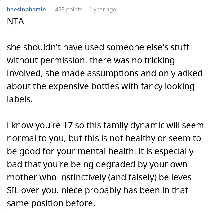 Text on screen about using expensive skincare without permission and its consequences.