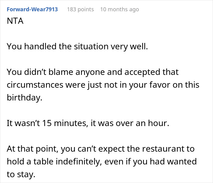 Comment supporting a woman who canceled her birthday dinner after friends and family didn't show up.