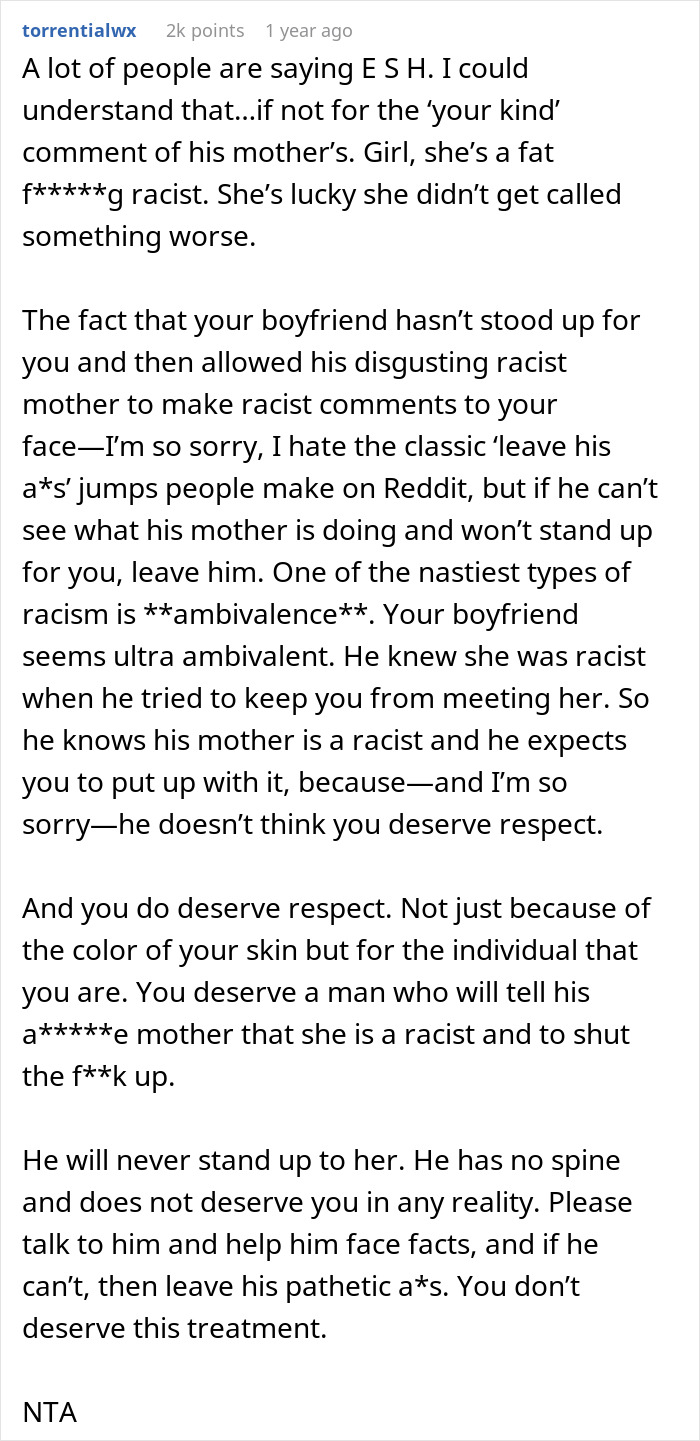 Reddit post discussing conflict with boyfriend's mom and addressing racist comments. Reddit post discussing conflict with boyfriend's mom and addressing racist comments.