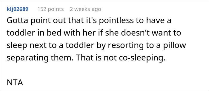 Screenshot of a comment discussing co-sleeping with a toddler and using a pillow for separation.