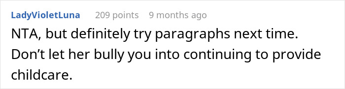 Online comment supporting teen prioritizing future over childcare duties.