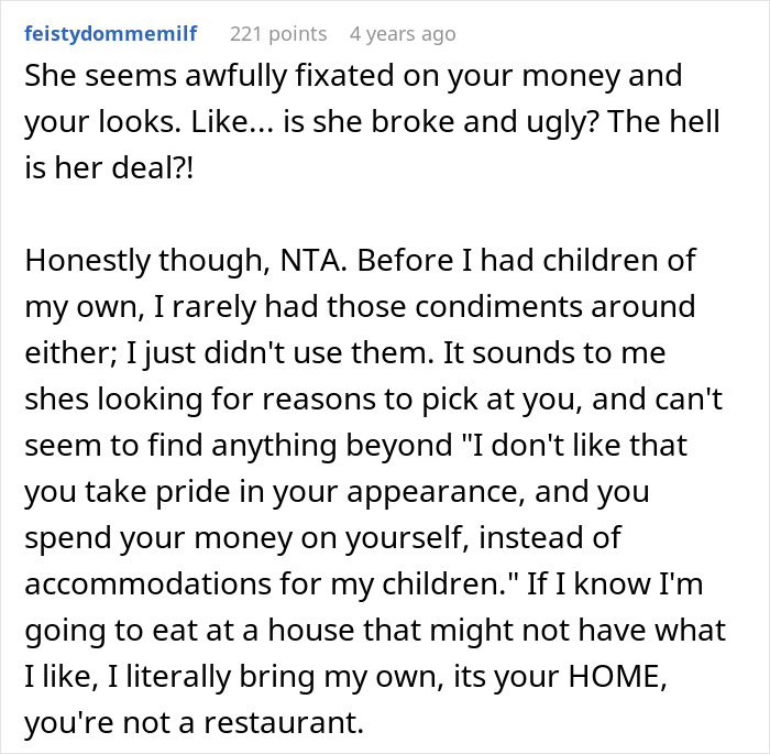 Text discussing in-laws' upset over sauce for children's meals.