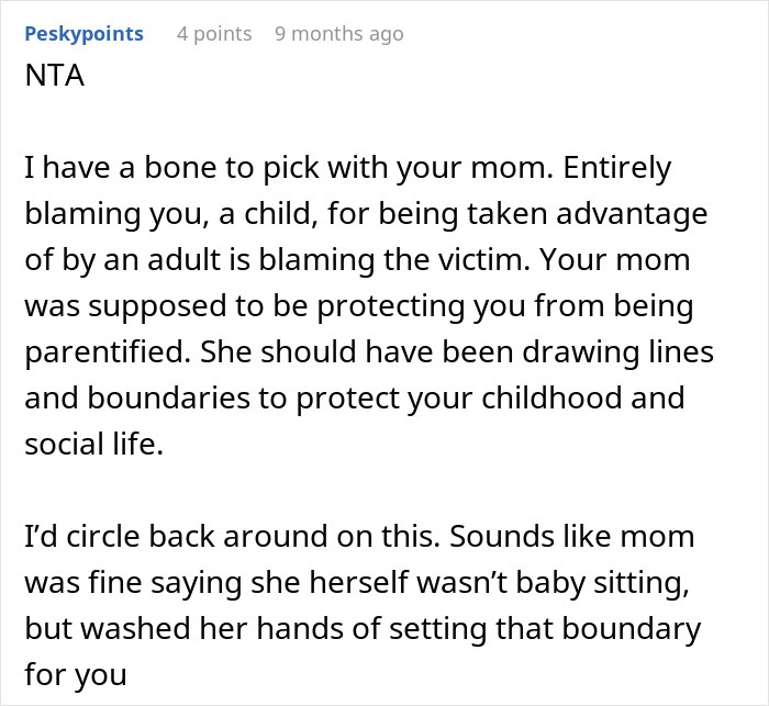 A comment discussing a teen prioritizing her future over babysitting duties.