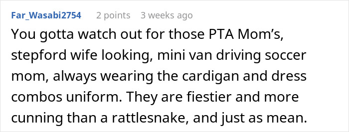 Reddit comment about dealing with a stereotypical, difficult PTA soccer mom.