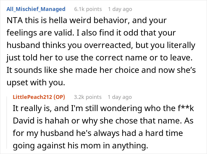 Comment exchange discussing MIL renaming grandson, DIL upset and removes her.