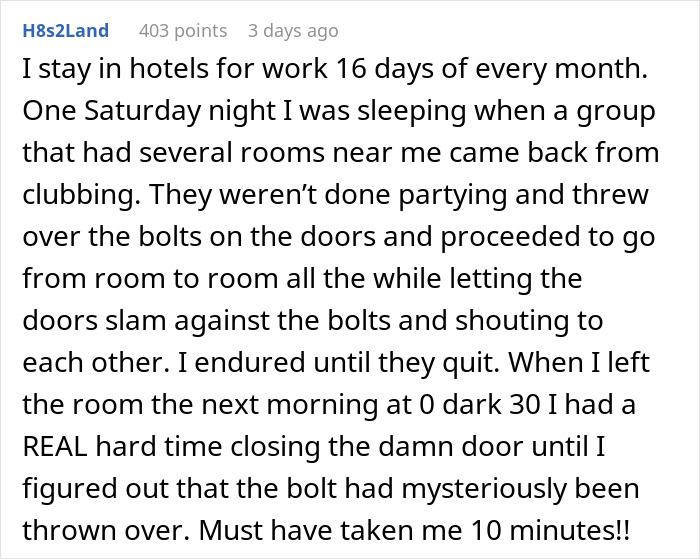 Text from hotel stay recounts neighbors partying and slamming doors.
