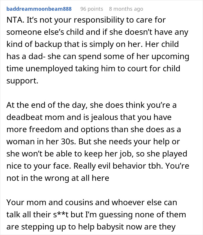 Text screenshot discussing babysitting cancellation and being called a deadbeat mom. Text screenshot discussing babysitting cancellation and being called a deadbeat mom.