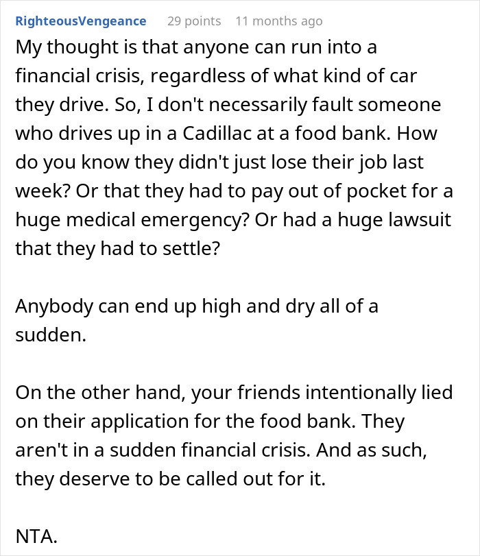 Comment discussing lying about income for food bank misuse and consequences. Comment discussing lying about income for food bank misuse and consequences.