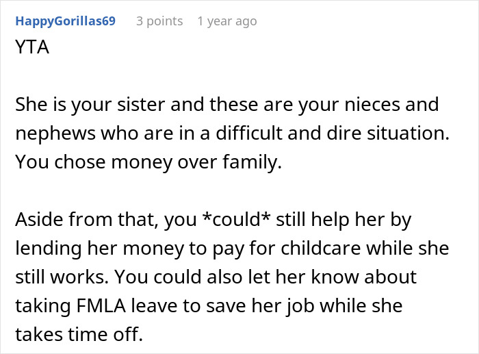 Comment criticizing a woman's refusal to help her sister by rebooking an $18K trip despite the family's needs.